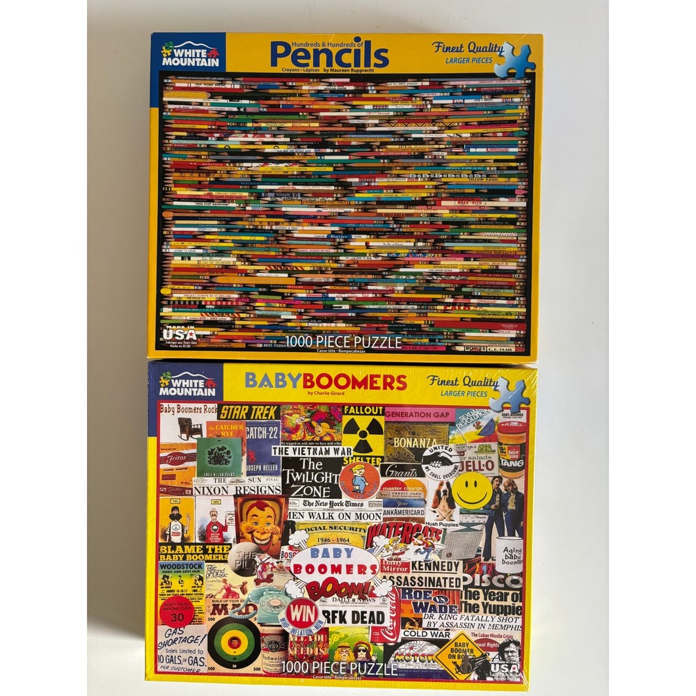 White Mountain 1000 Piece Puzzles Set Pencils 730 & Baby Boomers 1460 New Sealed